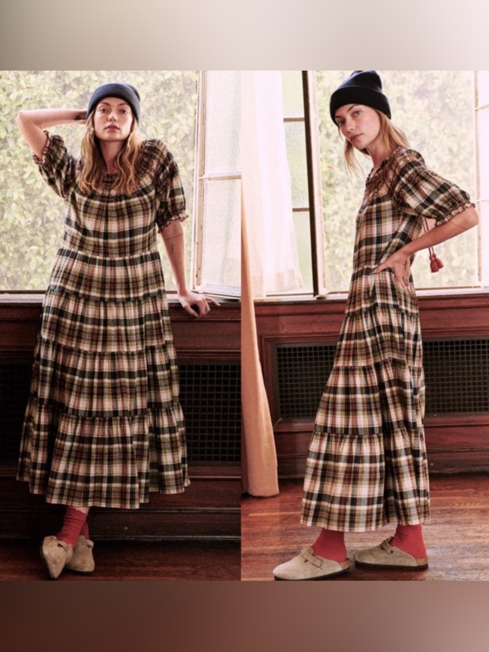 THE GREAT. Plaid Midi Dress in Olive, Cream & Brown